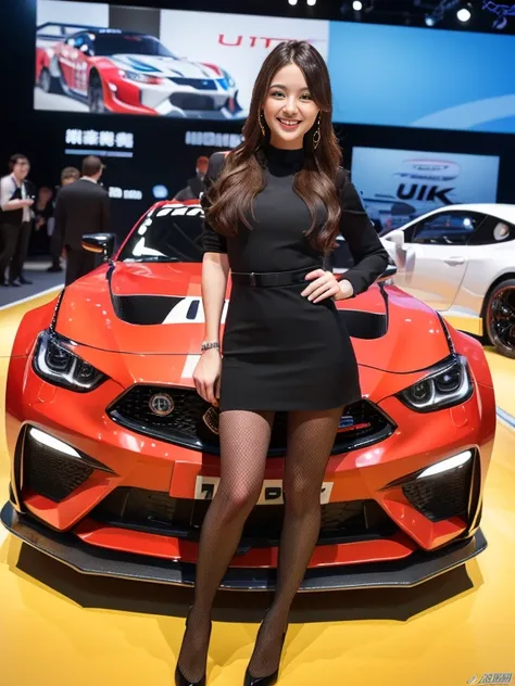 (8k, ultra-high resolution, highest quality, tabletop:1.2),(18-year-old:1.2)、race queen、（motor show）、fellow、racing car、long legs...