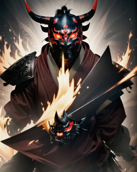 (oni mask:1.3), 
best quality,masterpiece,highly detailed,ultra-detailed, 1man samurai black and red battle japanese armor, glow...