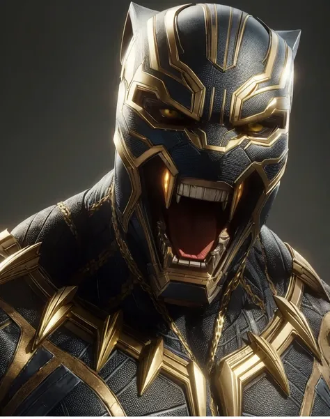 (marvel&#39;s black panther, long gleaming fangs and teeth,based on the costume from the marvel films ), (black and silver accen...