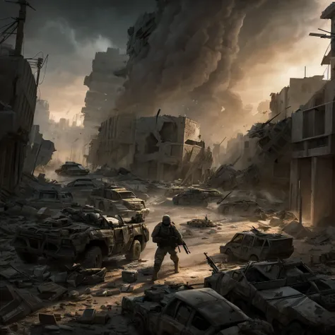 a heavily armed military task force, highly detailed military uniforms, tactical gear, assault rifles, taking rebel prisoners, battle aftermath, destroyed city environment, rubble and debris, dramatic lighting, cinematic composition, gritty realistic style...