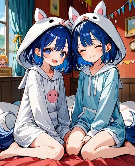 tween girl wearing little-white-bird onesie,white little bird kigurumi,Long-tailed-Tit,sitting on a bed, cute, party with friends,in friends room,enjoy,(pajama party),BREAK.(detailed face,(darkblue hair,wavy-short hair),parallel eyebrows),(best quality, ma...