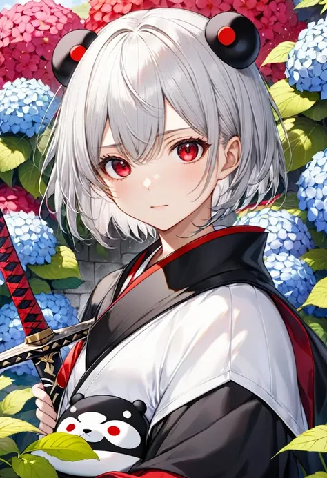 (close up face) (16 yo, solo crew cut silver hair very short hair divine sword fighter boy, detailed cool red eyes, serious face), (in a Kumamon costume), break, (in the Kumamoto Castle, background A cluster of hydrangeas), BREAK, perfect anatomy, masterpi...