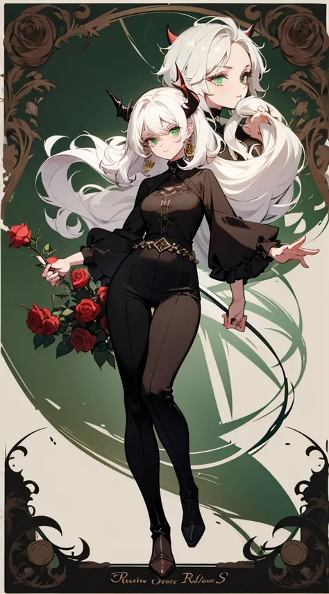 character sheet, character design, multiple angles, full body, beautiful woman, white hair, long curly hair, ((crew cut: 1)), green eyes, fair skin, ((muscular: 1)), female, 28 years old Wearing a black blouse with green and brown details, a blouse brown l...