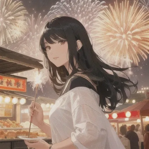 Background Fireworks Display　Black hair woman　The lights of a food stall in the distance　