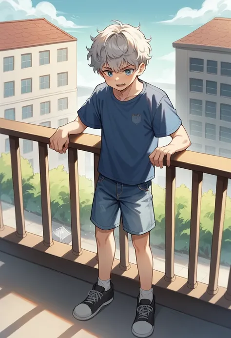 Outside, day, a group of four 11-year-old children are standing by the balcony railing on the second floor, talking excitedly.
The boy in the center: solo, devilish blond wavy hair, blue shirt, denim shorts and a gray school bag.
.