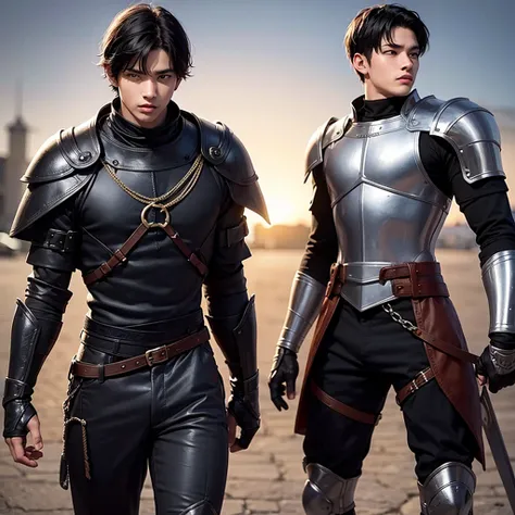 a young 18 year old man, black hair, black medieval armor, light skin, black eyes, one man