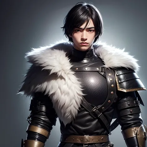 a young 18 year old man, black hair, black medieval armor, light skin, black eyes, one man