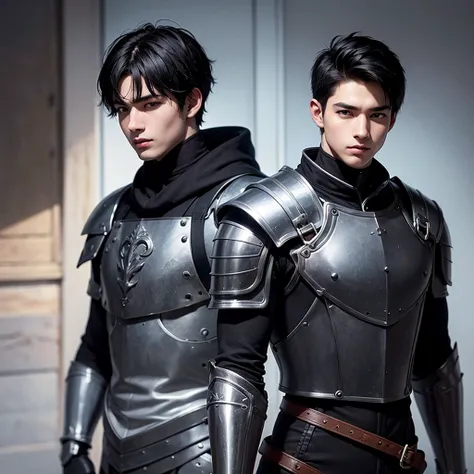 a young 18 year old man, black hair, black medieval armor, light skin, black eyes, one man