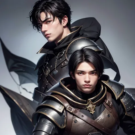 a young 18 year old man, black hair, black medieval armor, light skin, black eyes, one man