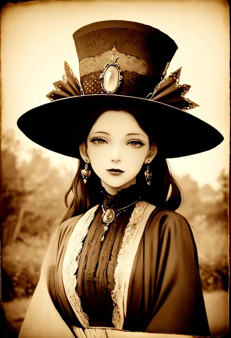 (Masterpiece) An insanely beautiful Victorian lady wearing a rich flowering over the top exaggerated hat, rich jewelry, big earrings, vintage sepia photography, outdoor photography, extremely inviting look, front look, looking at the camera, very old and t...