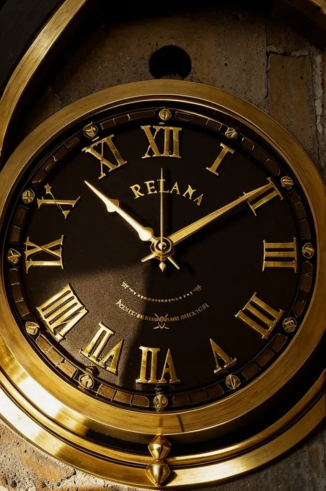 An ancient Roman clock logo with gold and black colors and an evil aura around it dengan skala 1:1