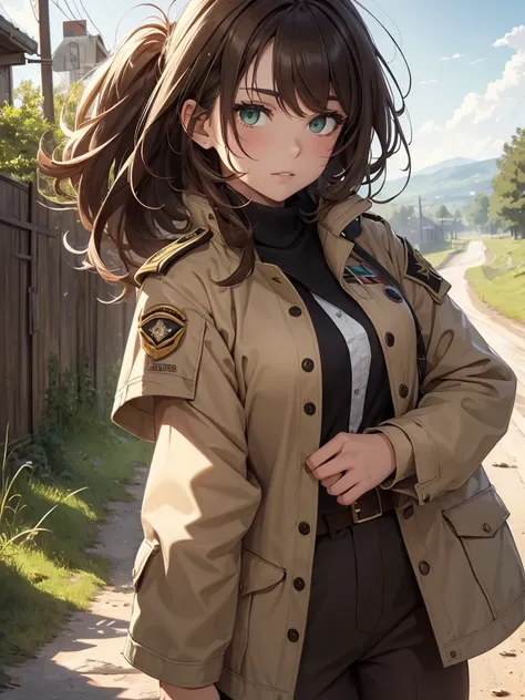 (8K, Best Quality, Masterpiece, Ultra High Resolution) 1 Girl, Woman, Beautiful Eyes, Face Details, Brunette Hair, Messy Hair Bun, Green Eyes, Pale Skin, Tan Colored Military Uniform, Tan Jacket, White Fitted Shirt, White Pants, Brown Leather Boots, Milita...