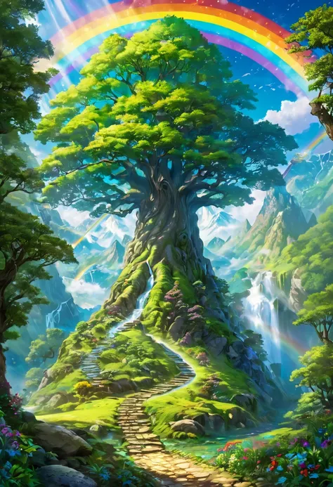 Dwarf expedition, sacred mountain, sacred spring, heaven, utopia, rainbow, spirituality, mysterious big tree, shining path