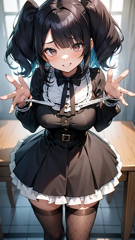 masterpiece,Highest quality,One Girl,(黒いtwo side up:1.1),(Wavy Hair:1.1),Medium Hair,(Light blue gradient hair:0.8),Big Breasts,ruffled white blouse,black flared skirt,Ribbon ornament,Fishnet tights,Mischievous Smile,Up Leg,Panty Focus,Lace panties,(Hollow...