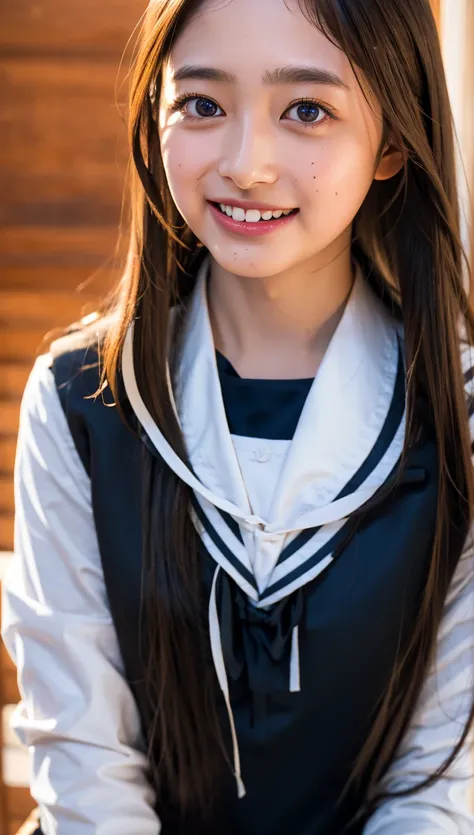 (((cowboy shot))),Ultra-high resolution,big eyes,((brown eyes)),Japanese,(forehead),(a girl),(1 girl),((17 years old)),(cute),pretty,((facing at viewer)),arms behind back,grin,((black school sailor uniform))