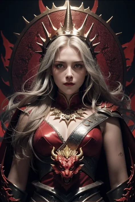 Solo, full-body photo, panorama, a female magician (Kristen Stewart, wearing a two-horned crown, long golden hair shawl, eye details depicted. Red eyes, silver scales armor, her cheeks have silver dragon scales and dragon decoration, looks natural and powe...