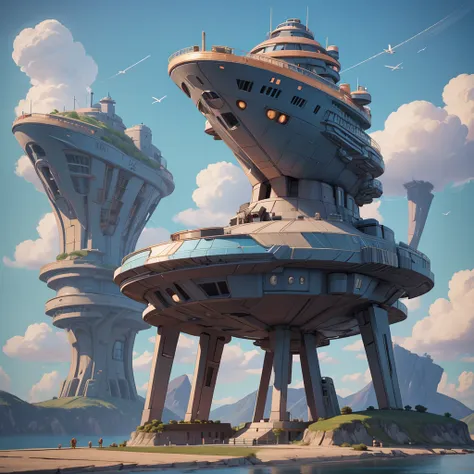 a spaceship lands on a platform at the top of a very tall futuristic building. pilots around the ship and in the distance a giga...