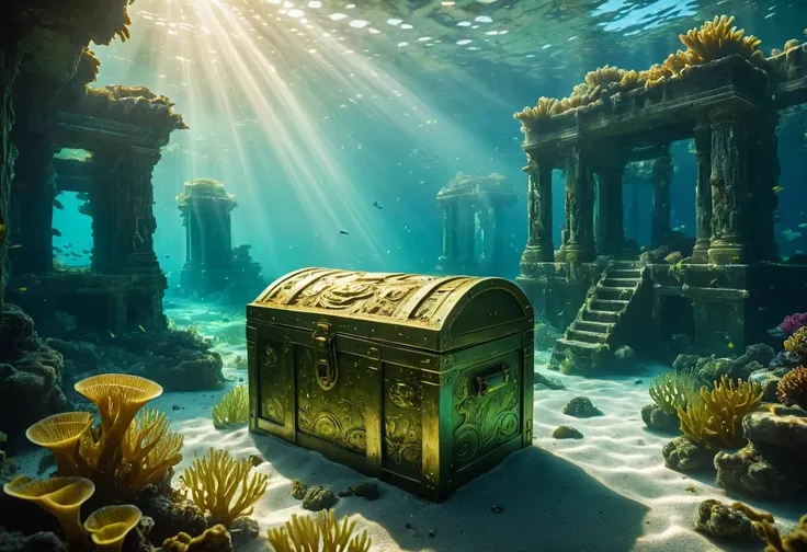 beautiful detailed underwater scene, treasure chest, glowing jade treasure, underwater ruins, ancient sunken city, serene ocean ...