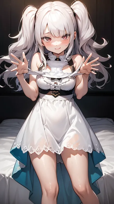 masterpiece,Highest quality,One Girl,(two side up:1.1),(Wavy Hair:1.1),Medium Hair,(Colorful gradient hair:0.8),Small breasts,White Summer Dress,Mischievous Smile,Up Leg,Panty Focus,Lace panties,(Hollow Eyes),(scorned eyes),Panties as a gift,Detailed panti...