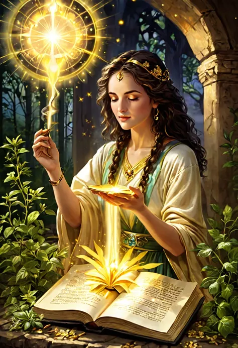 angel medicine healing, magic, herbs, ancient magic book, golden glow, healing power