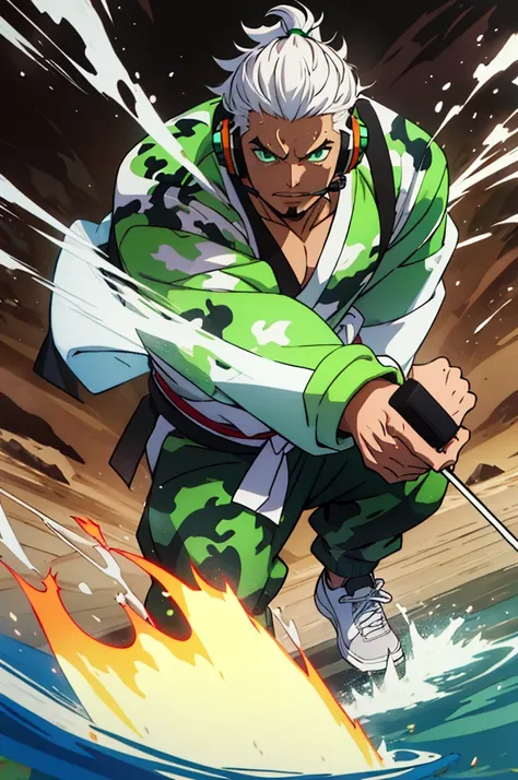 naughty man, appearance of 16 years, big hair tied samurai style with white hair with water green tips, wearing a white sweatshirt with a cyan fire style print on the edge of the waist, Wearing Headphones, slanted eyes, moss green eyes, Cao Cao, smart, wea...