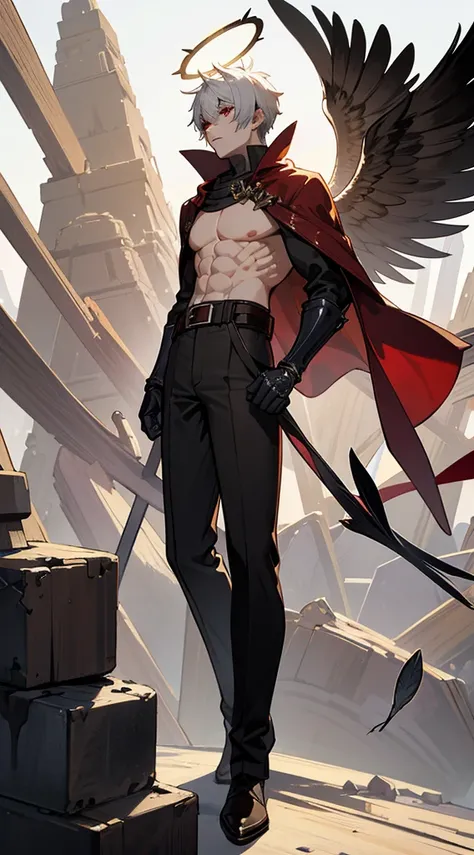 character sheet, character design, multiple angles, full body, book cover, artistic image, three versions of the character, an angel character, a demon character, human character, Handsome man, white hair, very short hair, ((crew cut: 1)), red eyes, fair s...