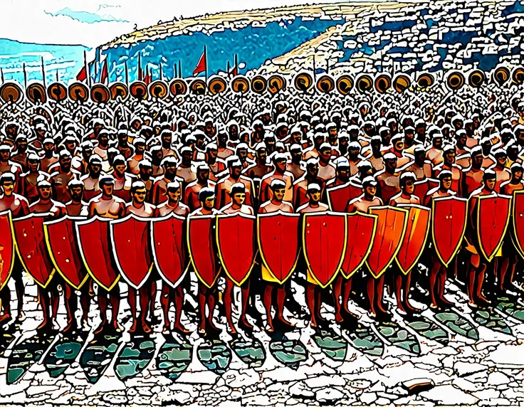 epic cinematic shot. Euboean Hoplites standing confidently on a rocky battlefield, their hoplon shields gleaming in the sunlight, ready for a fierce land battle. 8th century BCE, Greece，xianxia