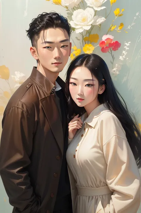 a man and woman posing for a photo in a brown coat, romantic lead, official fanart, photoshoot, february), lovely couple, promotional picture, sha xi, daoshi, official art, love interest, an epic love affair with doubt, backdrop, official photos, ruan jia ...