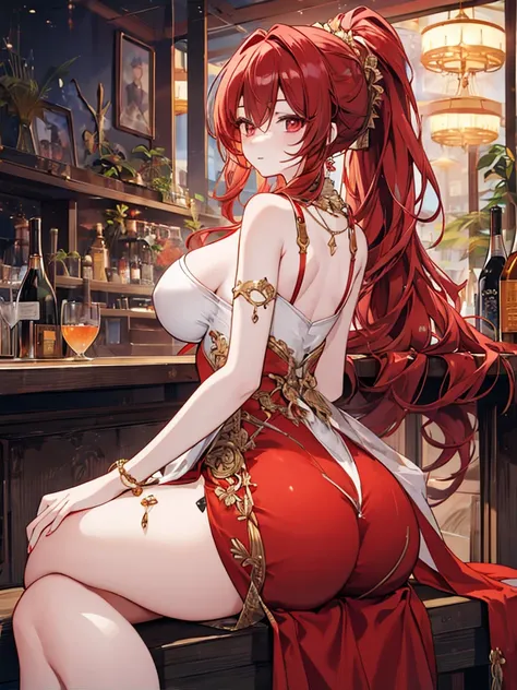 Crossing your legs, Anime style painting, An illustration, liquor, Woman sitting at a bar drinking a cocktail, look back, back, 背景の棚には多彩な色のliquor瓶が並んでいる, Quiet bar, Calm expression, Perfect hands, elder, Red Hair, The dignity of a 50-year-old, ほろ酔いのwoman, ...