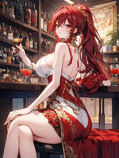 Crossing your legs, Anime style painting, An illustration, liquor, Woman sitting at a bar drinking a cocktail, look back, back, 背景の棚には多彩な色のliquor瓶が並んでいる, Quiet bar, Calm expression, Perfect hands, elder, Red Hair, The dignity of a 50-year-old, ほろ酔いのwoman, ...