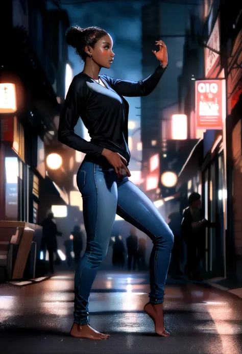 ultra realistic photo, , full body, best quality, masterpiece, black woman mixed , black skin, beautiful face, wearing jeans: 0.91 and black sweatshirt, realistic smooth skin, ultra realistic skin, dynamic lighting, on a street in Rio de Janeiro (dynamic p...