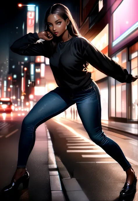 ultra realistic photo, , full body, best quality, masterpiece, black woman mixed , black skin, beautiful face, wearing jeans: 0.91 and black sweatshirt, realistic smooth skin, ultra realistic skin, dynamic lighting, on a street in Rio de Janeiro (dynamic p...