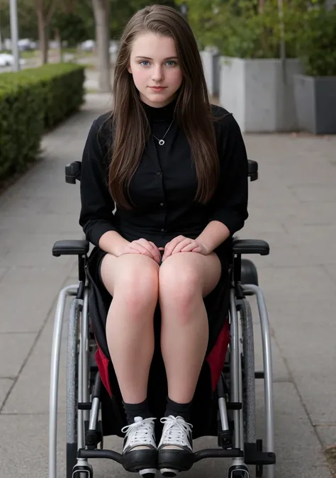 Goth 16 year old teen girl in wheelchair obvious upskirt crossed legs 