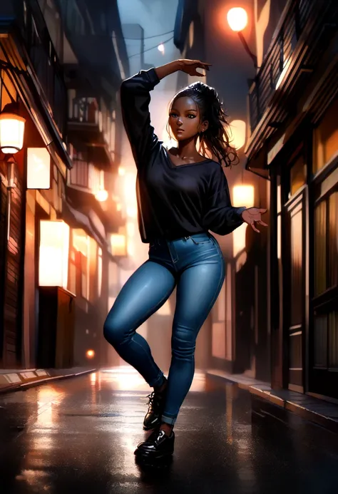 ultra realistic photo, , full body, best quality, masterpiece, black woman mixed , black skin, beautiful face, wearing jeans: 0.91 and black sweatshirt, realistic smooth skin, ultra realistic skin, dynamic lighting, on a street in Rio de Janeiro (dynamic p...