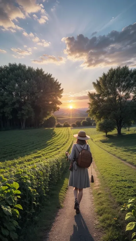 An image of a sunrise in the countryside, where a person is putting a viola in a bag, ready to travel. The scene should convey a feeling of freedom and tranquility, with soft colors and an atmosphere of peace.