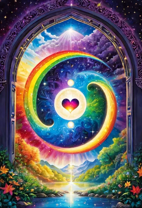 Fusion of princess and prince, yin and yang, integration, rainbow, open heart door, memory, consciousness, joy, universe, spirituality