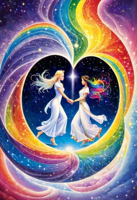 Fusion of princess and prince, yin and yang, integration, rainbow, open heart door, memory, consciousness, joy, universe, spirituality