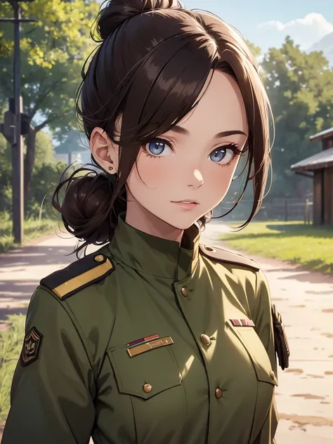 (8K, Best Quality, Masterpiece, Ultra High Resolution) 1 Girl, Woman, Beautiful Eyes, Face Details, Brunette Hair, Hair Tied Up, Hair Bun, Brown Eyes, Pale Skin, Tan Colored Military Uniform, Tan Jacket, White Fitted Shirt, Military Badge, Outside, Dirt Ro...