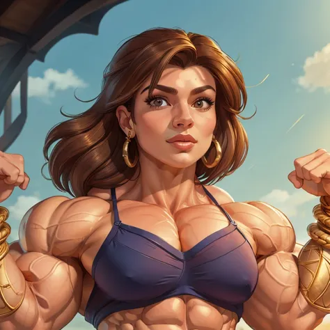 (masterpiece:1.2), (best quality), (ultra detailed), (8k, 4k, intricate),(full-body-shot:1), (highly detailed:1.2),(detailed face:1.2), (detailed background), muscle woman with brunette hair wearing top and gold bracelets, muscle woman, big muscles, huge m...