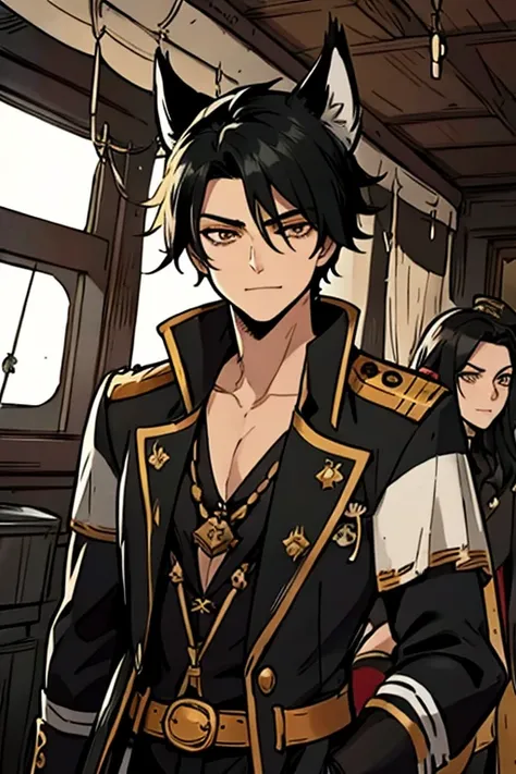 A handsome black haired foxman with golden eyes with black fox ears and a black fox tail in a pirates uniform is working in the captains cabin of a pirate ship