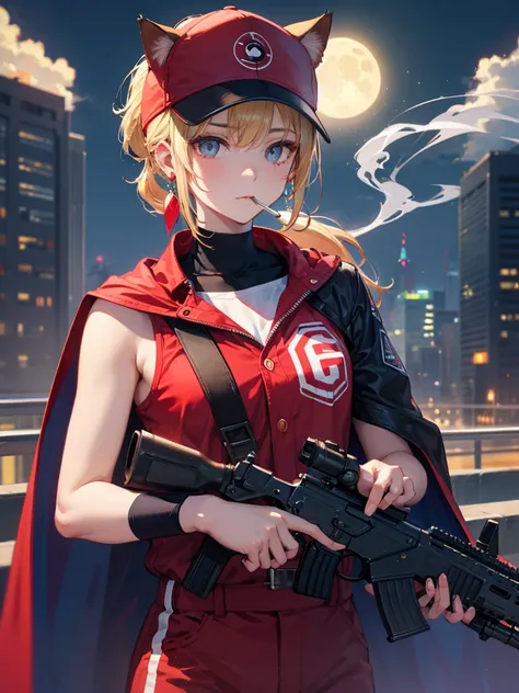 ((kalashnikov_rifle,assault_rifle ,holding_gun))  (((Blonde hair　short ponytail　Wear a cap)))　((cyber punk　Earrings　Smoke a cigarette  solo)),((Shining Moon　Shining Background)) ,((Cat ears)), ((Sleeveless)),((Wine Red Baseball Cap)),((Wearing a wine red b...