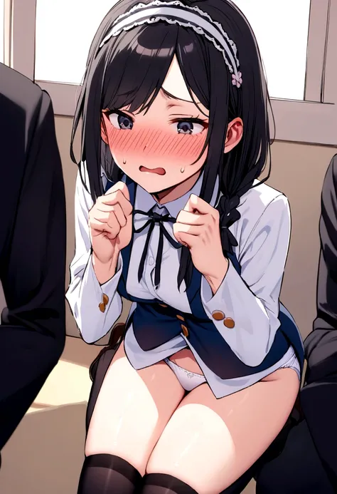 Black Hair　Shortcuts　hair band　White panties　Black knee-high socks　School　Feeling embarrassed