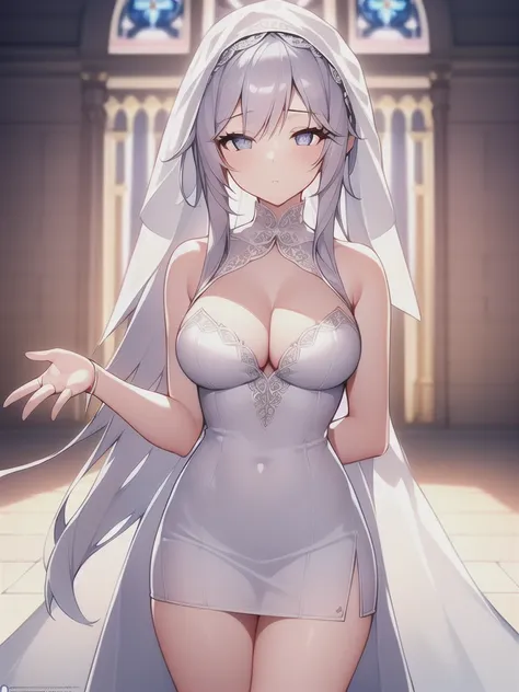 A girl，Long hair, Bangs, White hair, Hair between the eyes, Purple Eyes:（1.5),  (Large Breasts:1.2), 
rest  锁骨, Wedding dress，veil，wedding，White dress，Flowers，Broken skirt，White socks，Tights，White knee socks，
looking at viewer, whole body,
indoors, church，...