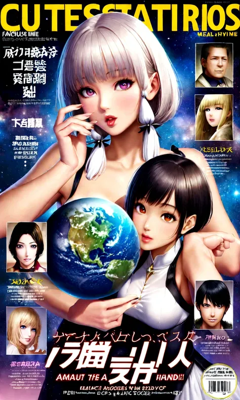 famous magazine、geographic magazine、A Goddess Bigger Than a Small Earth、Neat、Pure white long dress、Hold the Earth in your hand and bring it close to your mouth、to kiss、universe space、Sexy pose、Small breasts、Realistic、Magazine Cover、anime、リアルanimeスタイル、short...