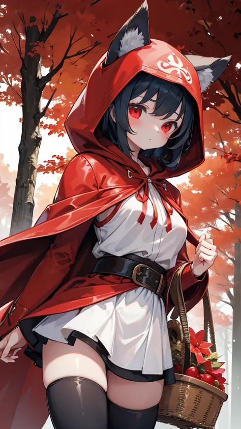 grace，Cool girl，Handsome girl，little Red Riding Hood，Red Cape，Red hood斗篷，Forest Background，Forest Background，Hooded girl with a basket，Wave Girl，Wolf Ear Girl，Wolf Ear Hood，Red hood，Close-up above the waist，Tight leather jacket，hunter style，Tights