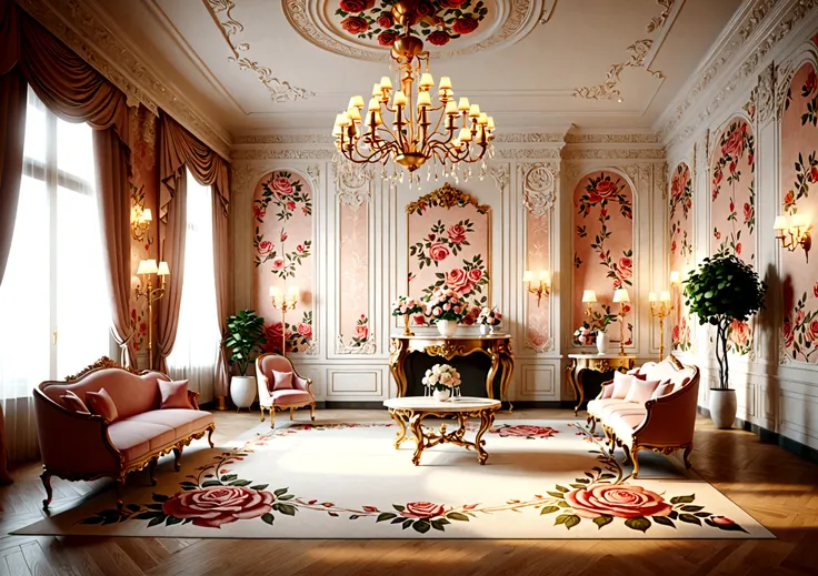 a luxurious european style palace interior, large ornate table, rose pattern wallpaper, artistic floor lamp, bright soft lighting, minimalist decor elements, high detail, 8k, photorealistic