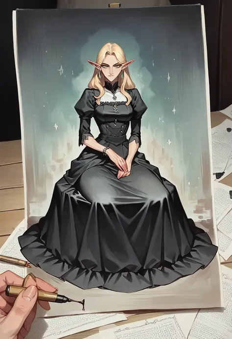 score_9, score_8_up, score_7_up, score_6_up,source_anime, anime 2d, a stunning blonde elf, grmckenna, grmckenna, gazing at viewer, conceptual artwork, High aboveper body view, gothic art, oil painting, Traditional media, wearing a modest black dress