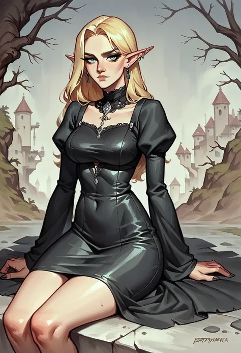 score_9, score_8_up, score_7_up, score_6_up,source_anime, anime 2d, a stunning blonde elf, grmckenna, grmckenna, gazing at viewer, conceptual artwork, High aboveper body view, gothic art, oil painting, Traditional media, wearing a modest black dress