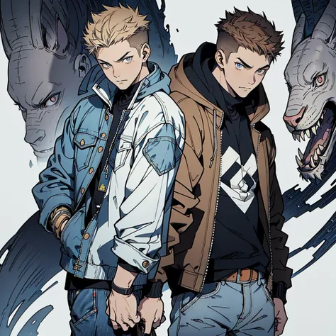  Human Male 21 year old, clear  skin , Brown fade haircut, Dark pupils,  hoodie under,wearing Pants , wearing Denim Jacket , manga Style , blue pupils 