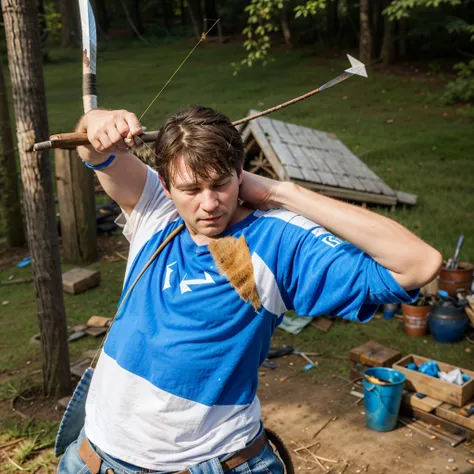 An axe with a worn out handle and blue and white head slicing a wooden arrow fired from a bow in half